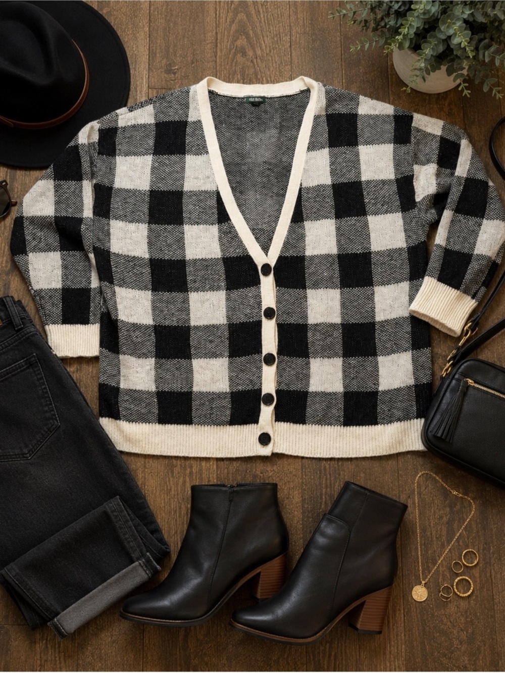 Wild Fable 2X Black Cream Buffalo Plaid Button Front Cardigan Sweater